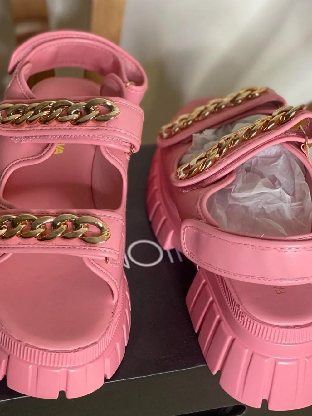 Fashion Nova Pink Platform Sandals with Gold Chain Trim